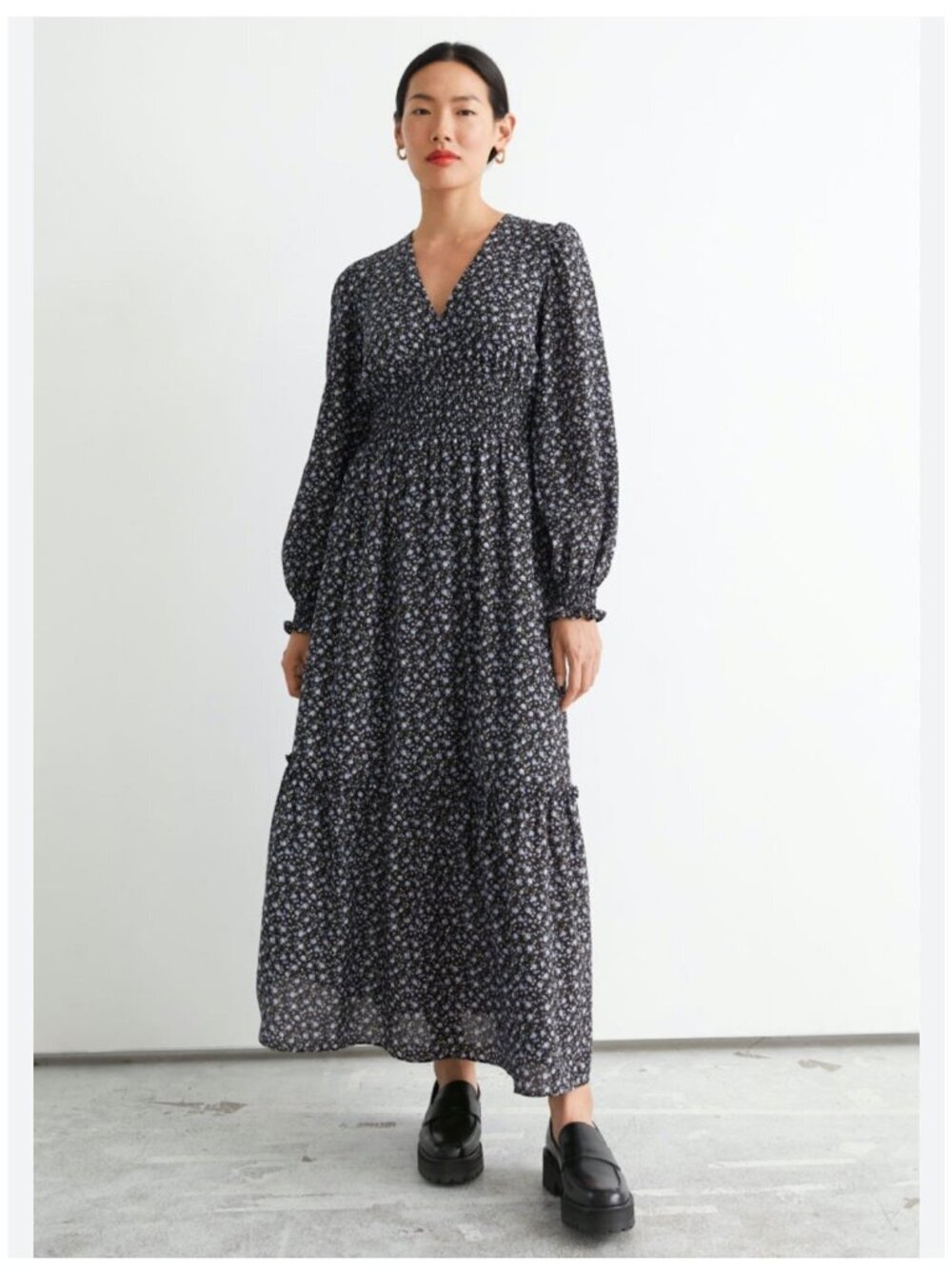 & Other Stories Black Blue Floral Smocked Maxi Dress Romantic Cottagecore Sz 10